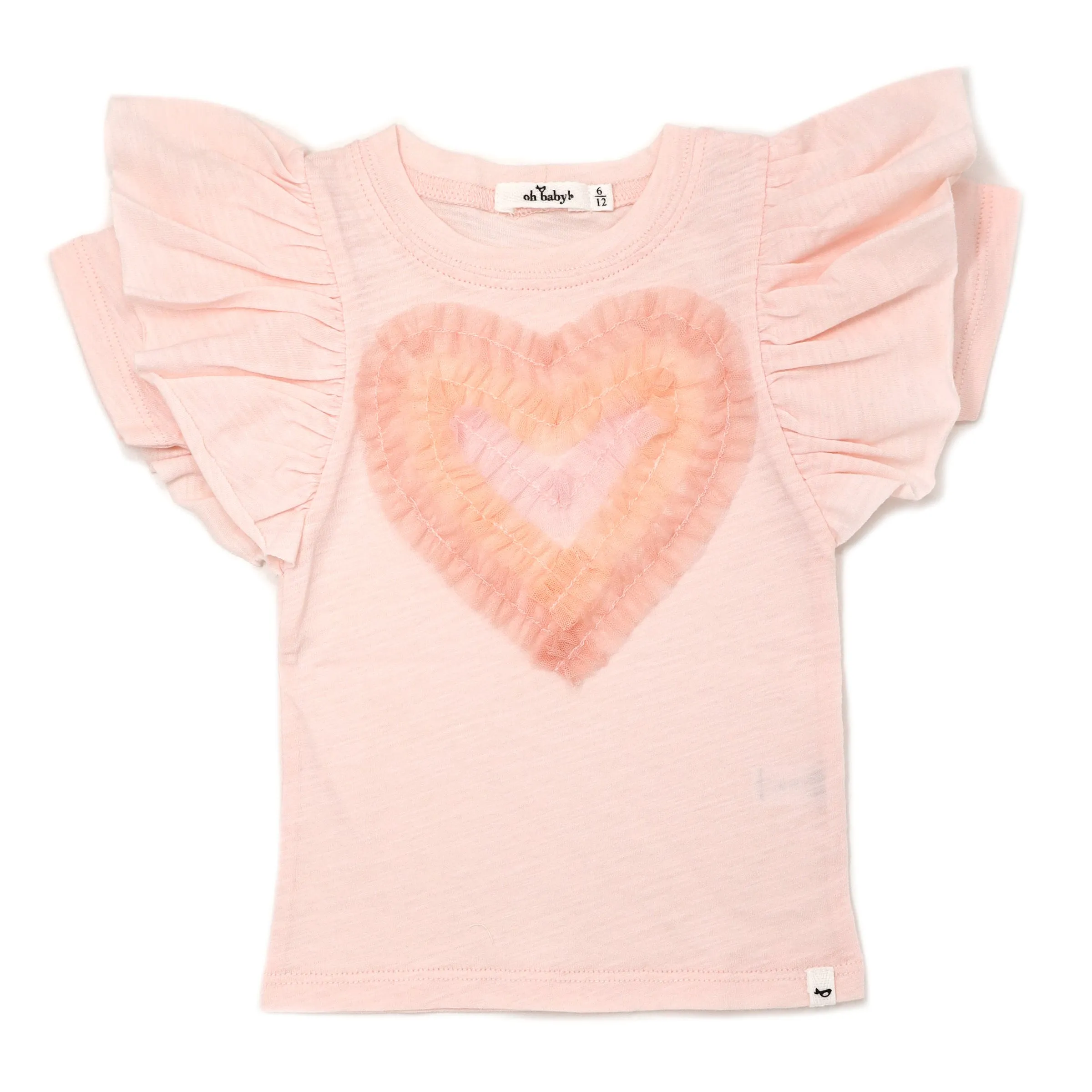 Baby Cotton Slub Butterfly Short Sleeve Tee with Tulle Heart Applique in Pale Pink