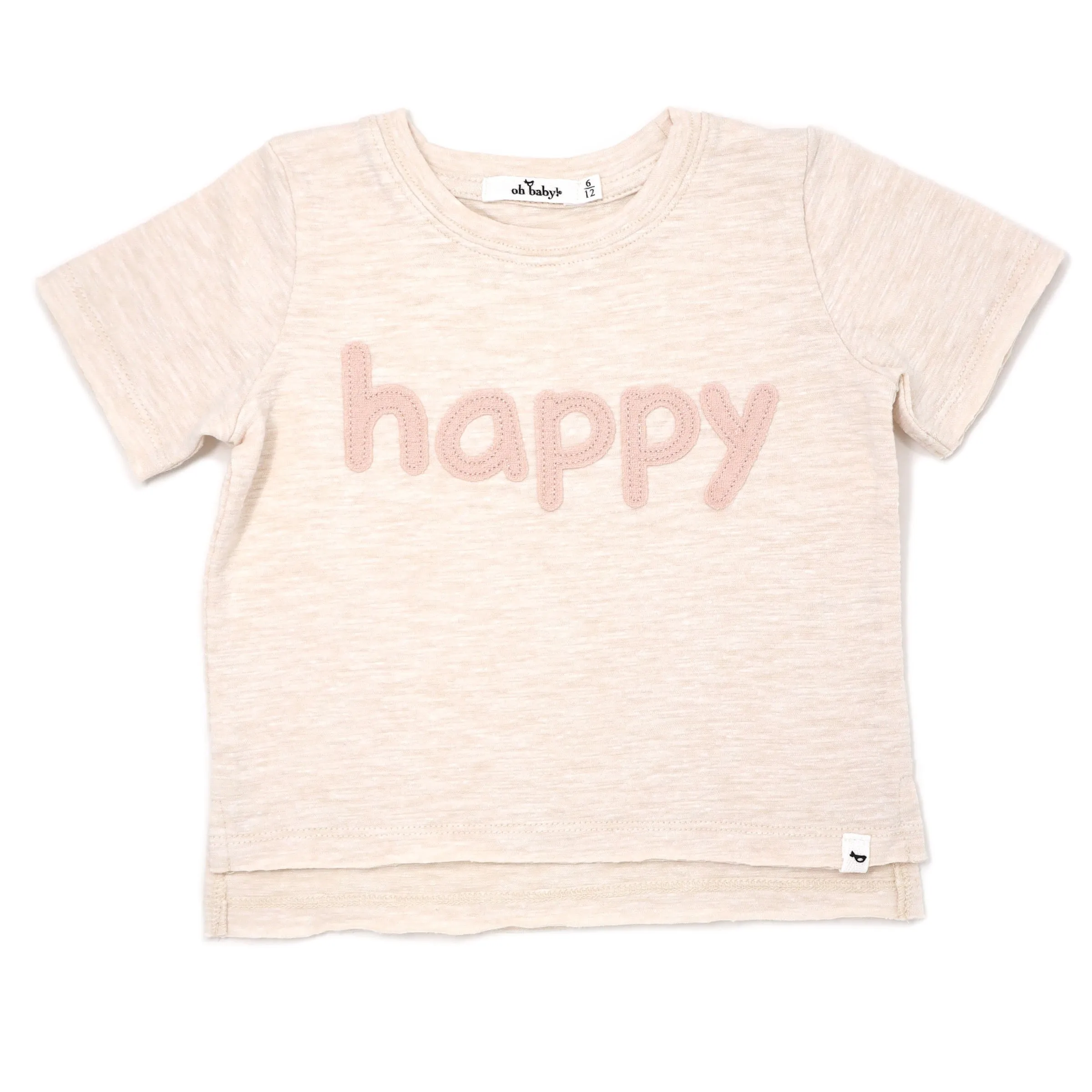 Baby Raw Edge Short Sleeve Cotton Slub Tee - Peachy Applique - Sand Heather