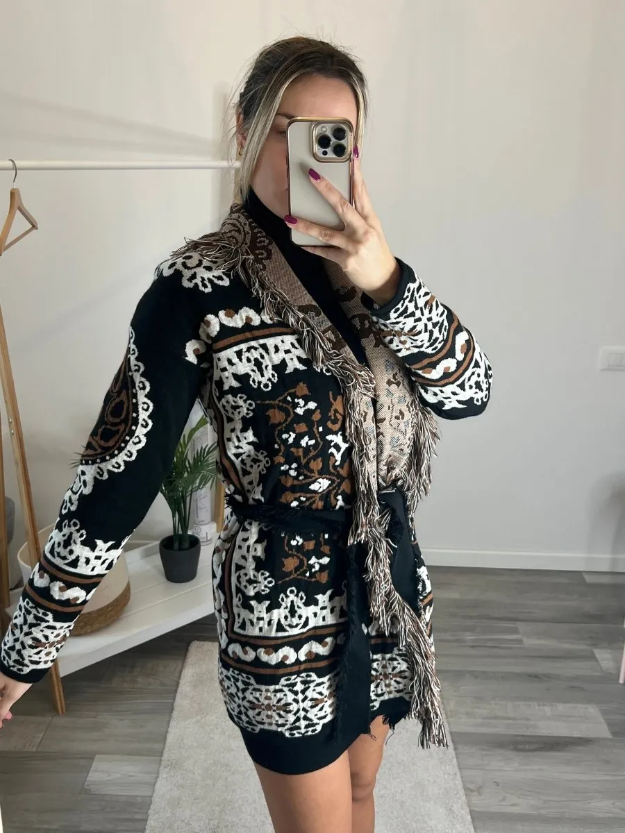 Black and brown patterned cardigan with fringe