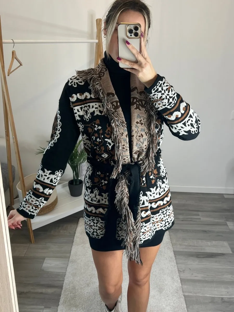 Black and brown patterned cardigan with fringe