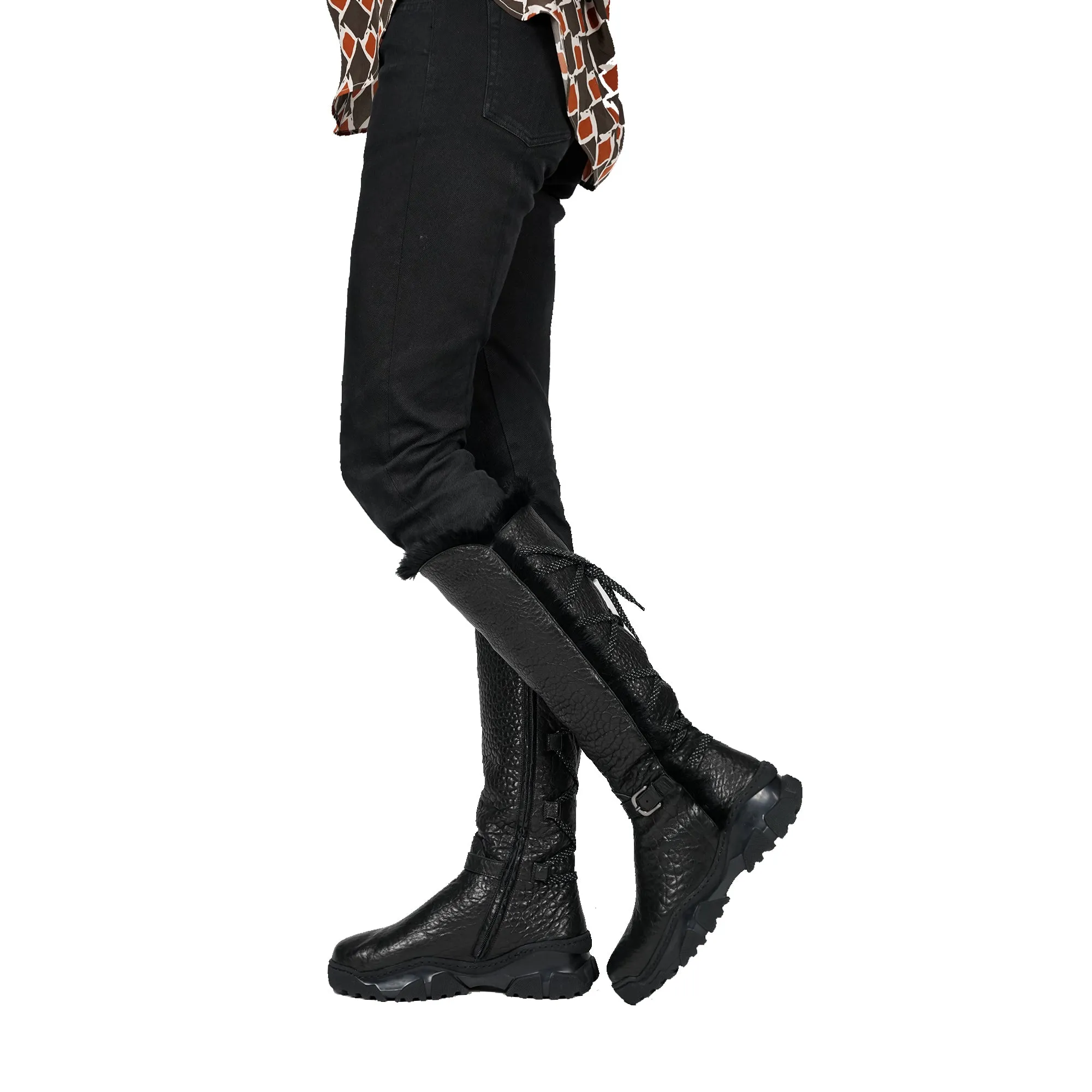 Black Leather Shearling Knee Boot