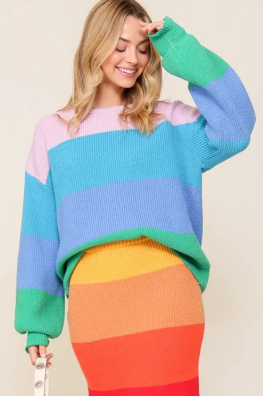 Bold Rainbow Stripe Sweater, Oversized Chunky Knit Pullover