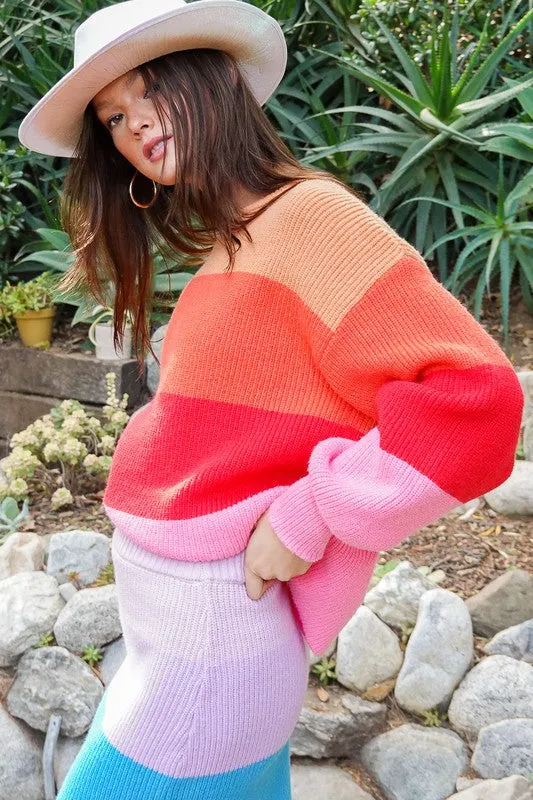 Bold Rainbow Stripe Sweater, Oversized Chunky Knit Pullover