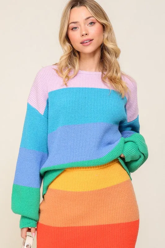 Bold Rainbow Stripe Sweater, Oversized Chunky Knit Pullover