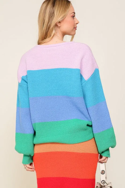 Bold Rainbow Stripe Sweater, Oversized Chunky Knit Pullover