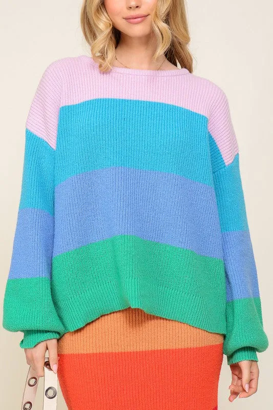 Bold Rainbow Stripe Sweater, Oversized Chunky Knit Pullover