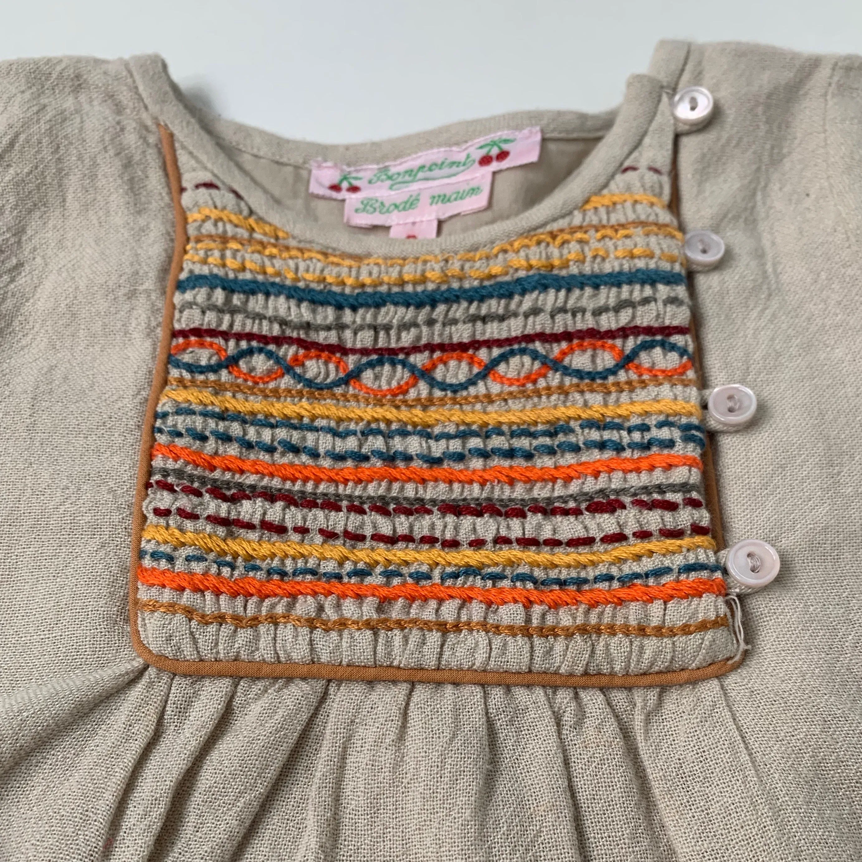 Bonpoint Wool Mix Dress - Taupe, Contrast Smocking - 2 Years