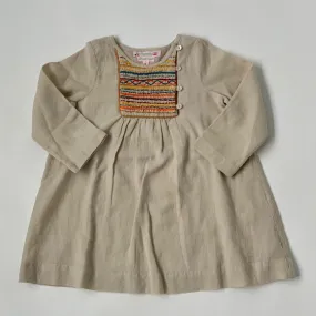 Bonpoint Wool Mix Dress - Taupe, Contrast Smocking - 2 Years