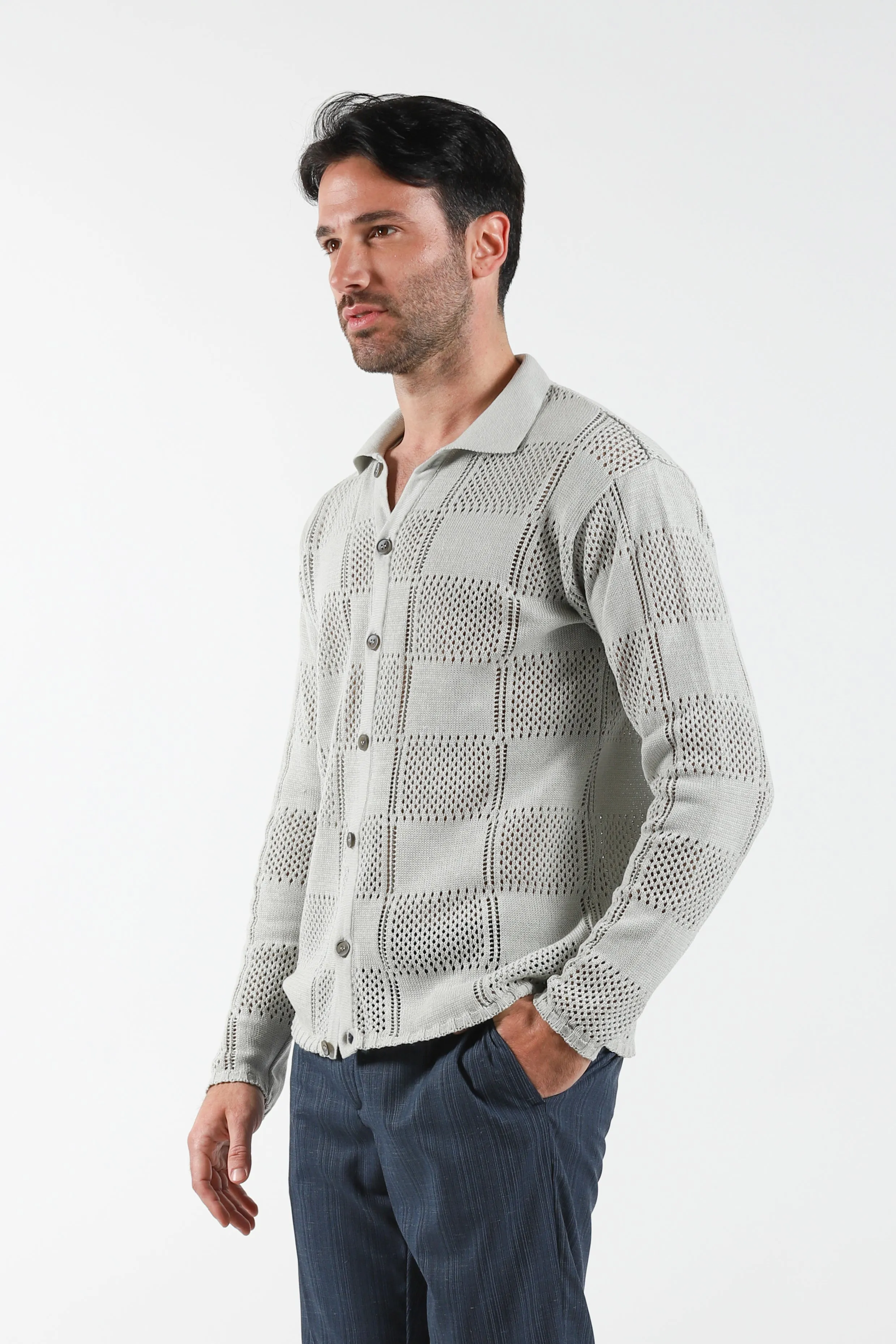 Cardigan a quadri forati grigio