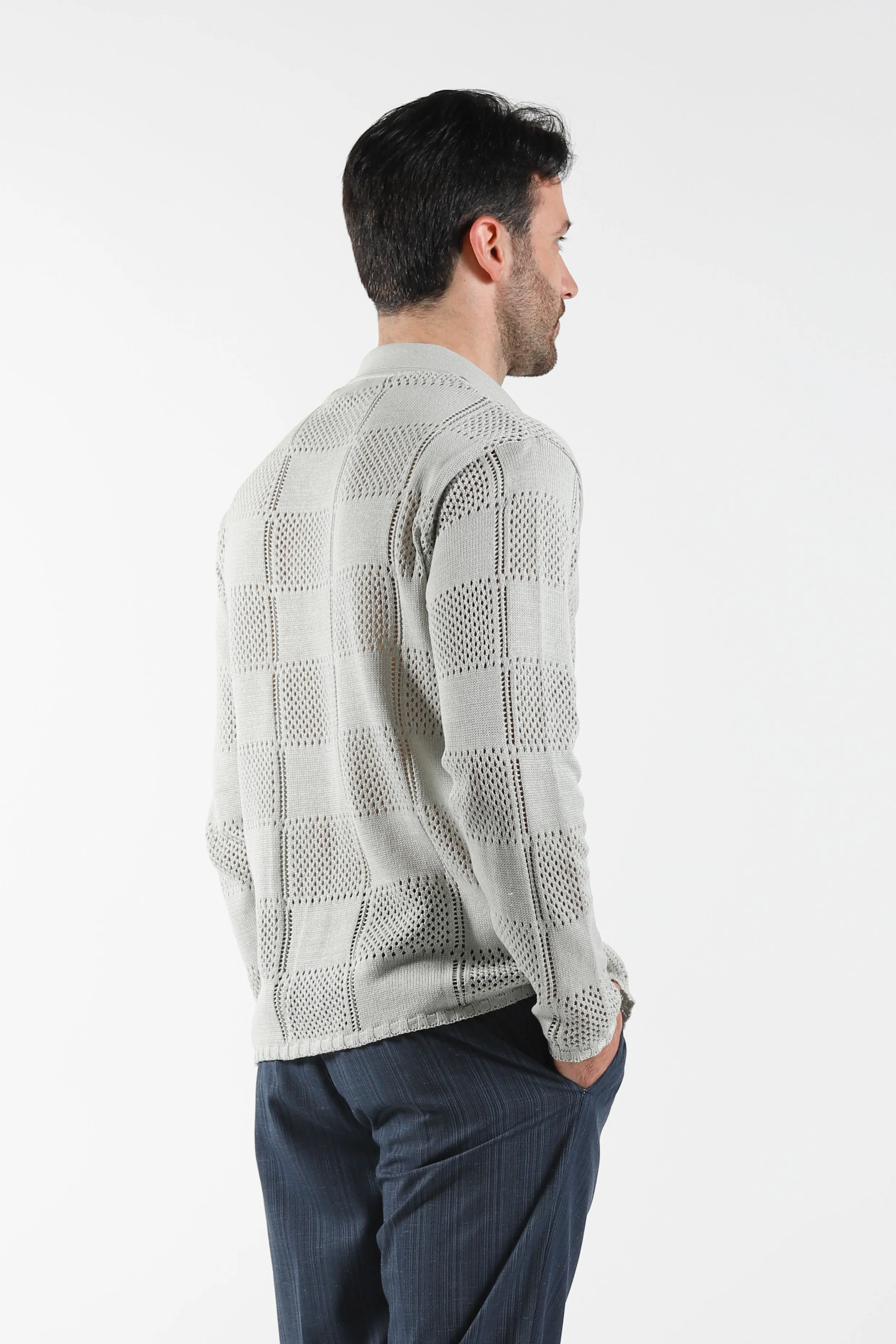 Cardigan a quadri forati grigio