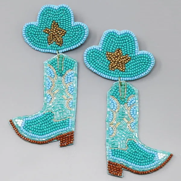 Cowboy Hat Boots Seed Beaded Earrings.