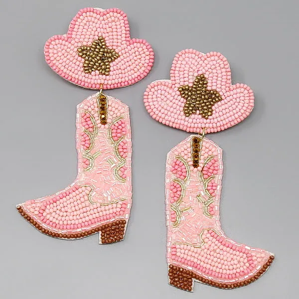 Cowboy Hat Boots Seed Beaded Earrings.