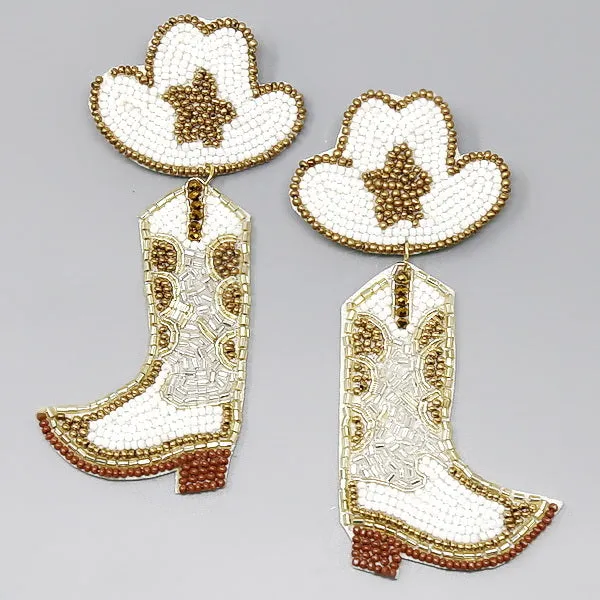 Cowboy Hat Boots Seed Beaded Earrings.