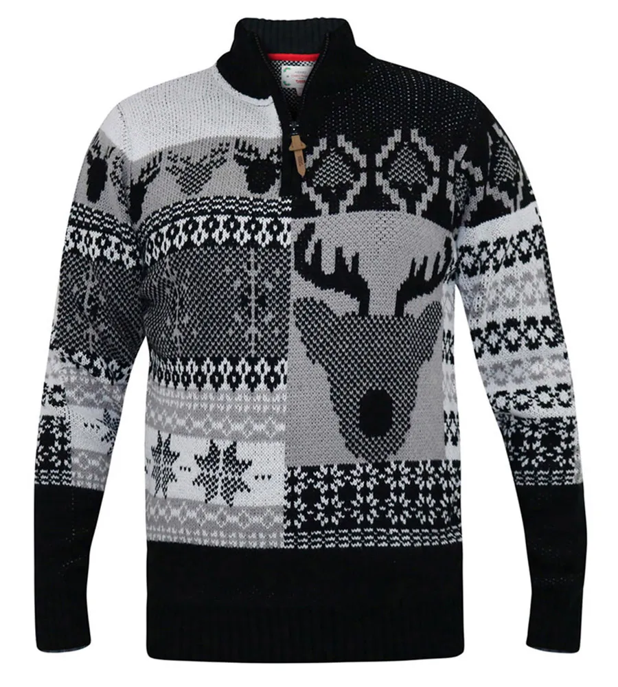 D555 Big Mens Christmas Jumper With 1/4 Zip and Stag Design (ICICLE)