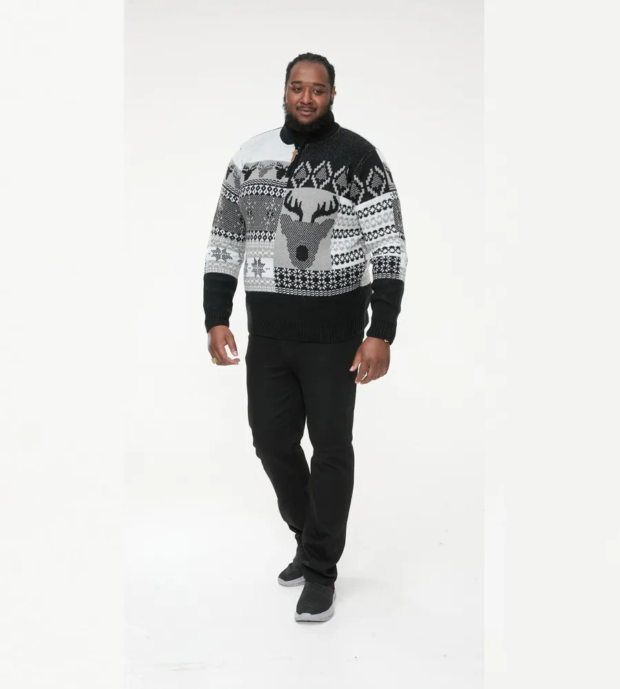 D555 Big Mens Christmas Jumper With 1/4 Zip and Stag Design (ICICLE)