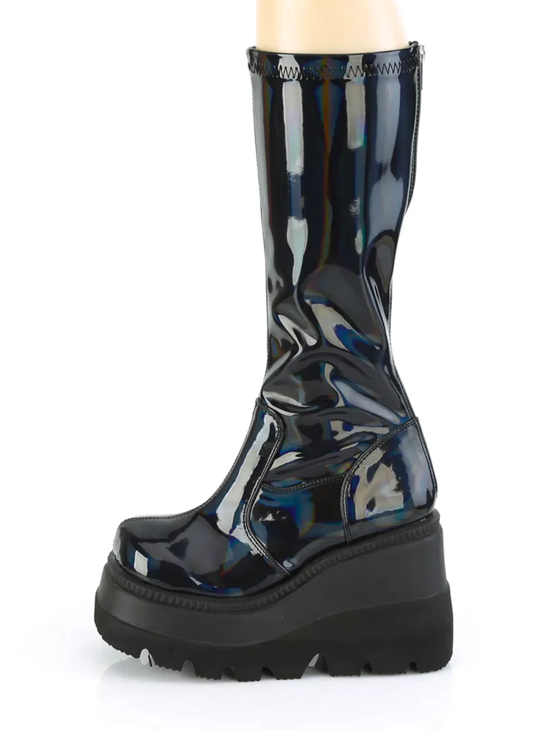 Demonia Shaker 65 Boots | Holo Black Patent | Shop Now