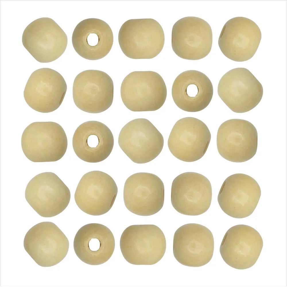 Dyed Wood Beads, Smooth Large Hole Round 12mm, Ivory Cream (25 Pieces)