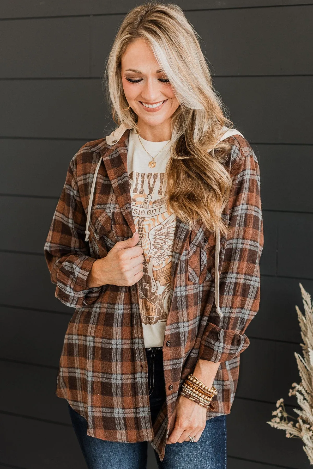 Falling Again Plaid Hooded Top- Chocolate