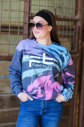 FT logo tie dye crewneck can be rewritten as Fashionable tie dye crewneck with FT logo.