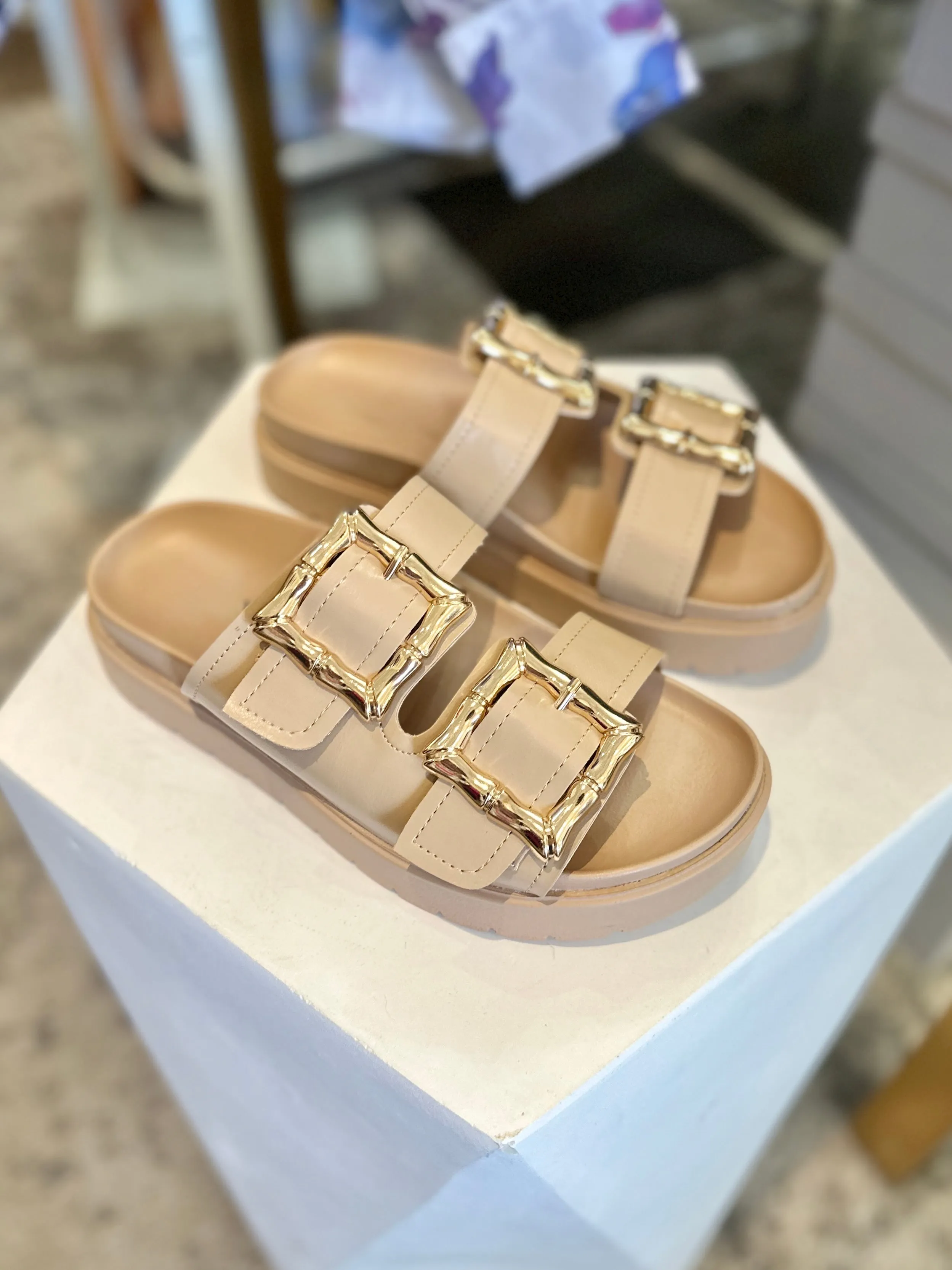 Gold Slide Sandals - Buckle Design.