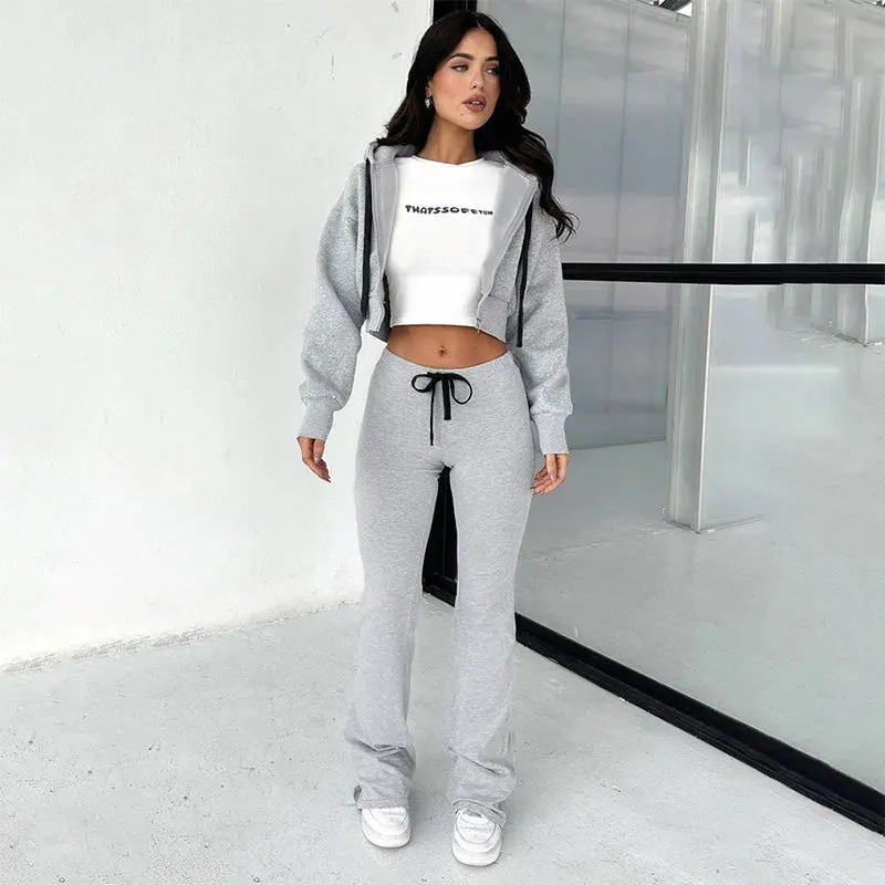 Hooded Crop Jacket and High Waist Flare Pants Set for Women