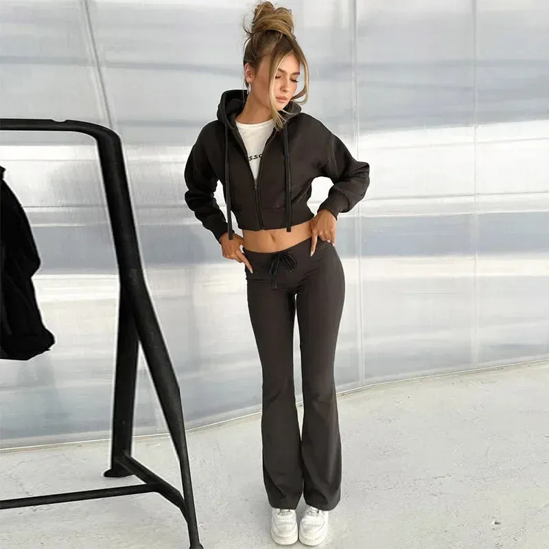 Hooded Crop Jacket and High Waist Flare Pants Set for Women