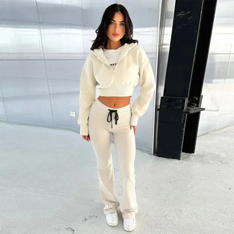 Hooded Crop Jacket and High Waist Flare Pants Set for Women