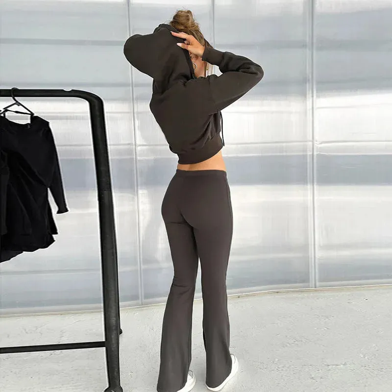 Hooded Crop Jacket and High Waist Flare Pants Set for Women