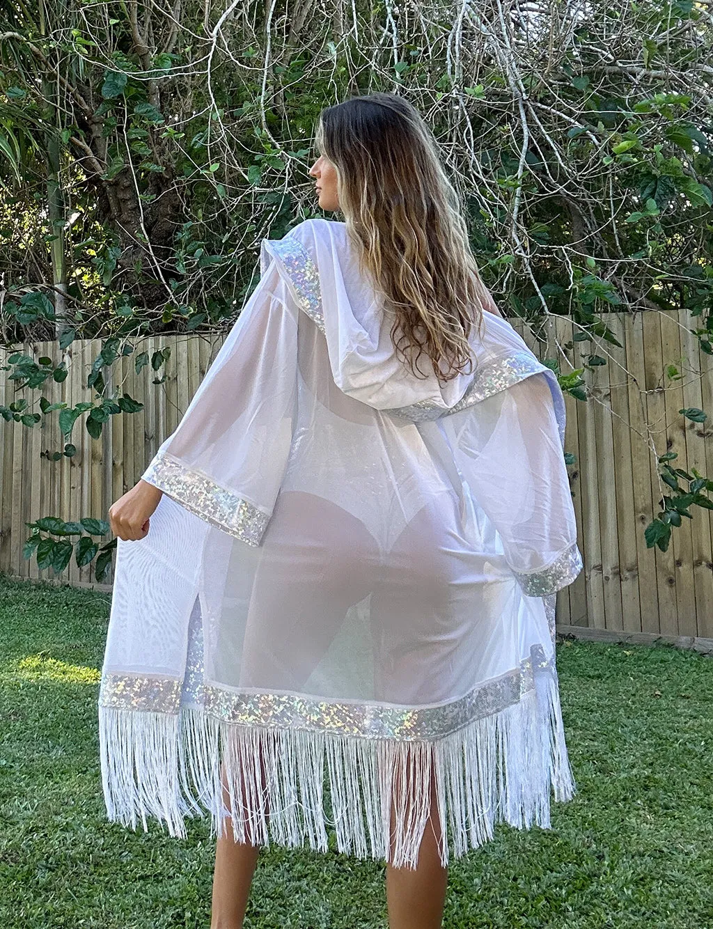 HOODED MESH AND HOLO FRINGED KIMONO - WHITE/WHITE