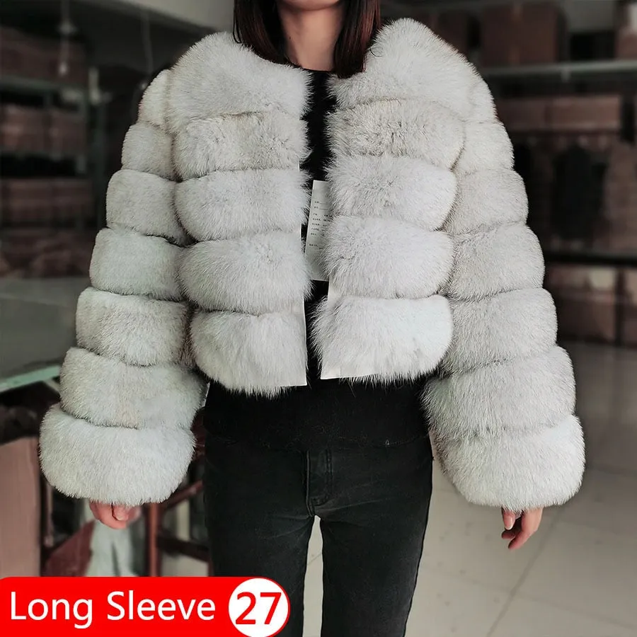 Luxury Fox Raccoon Fur Long Sleeve Leather Jacket for Women