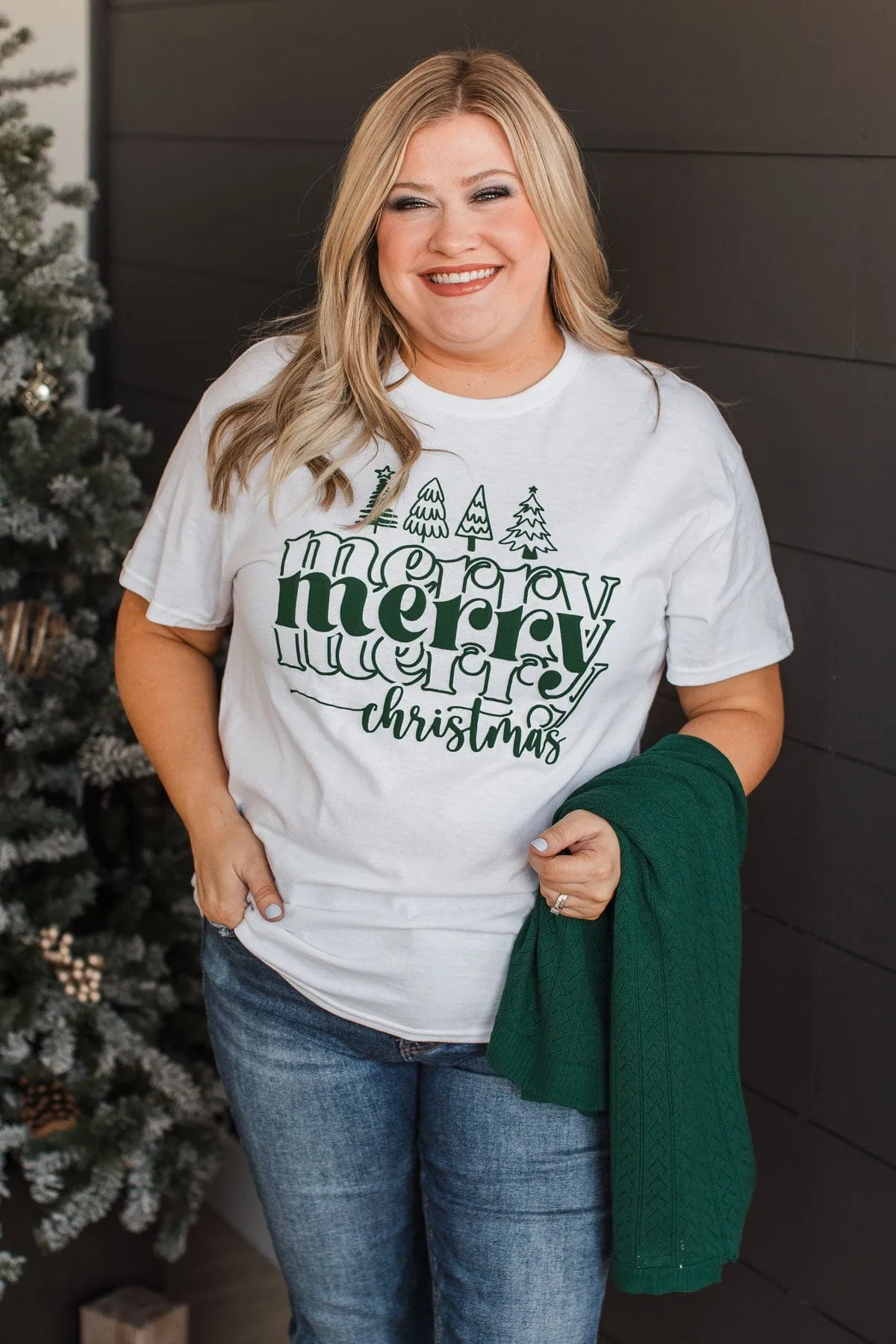 Merry Christmas Stacked Graphic Top- White