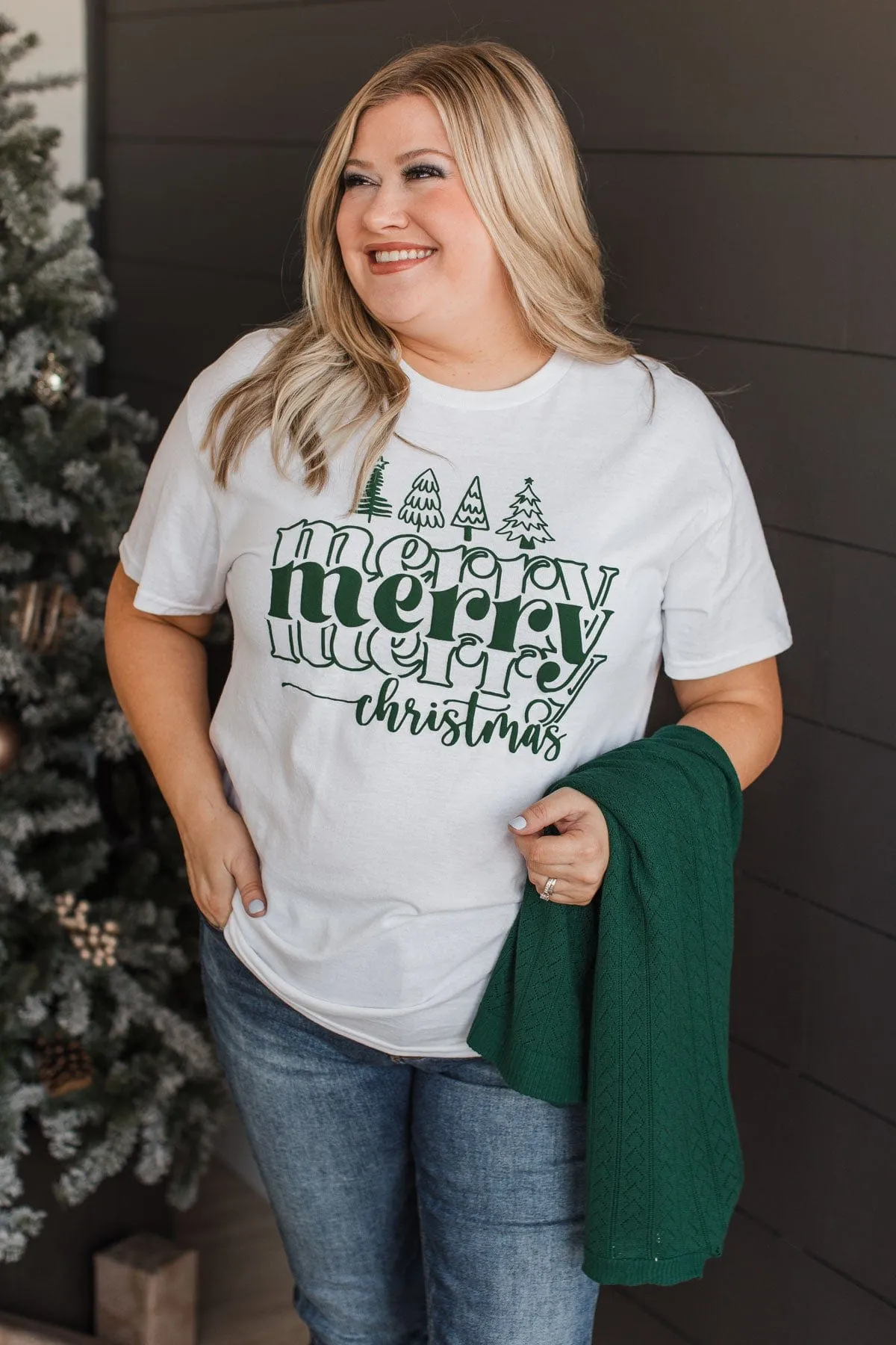 Merry Christmas Stacked Graphic Top- White