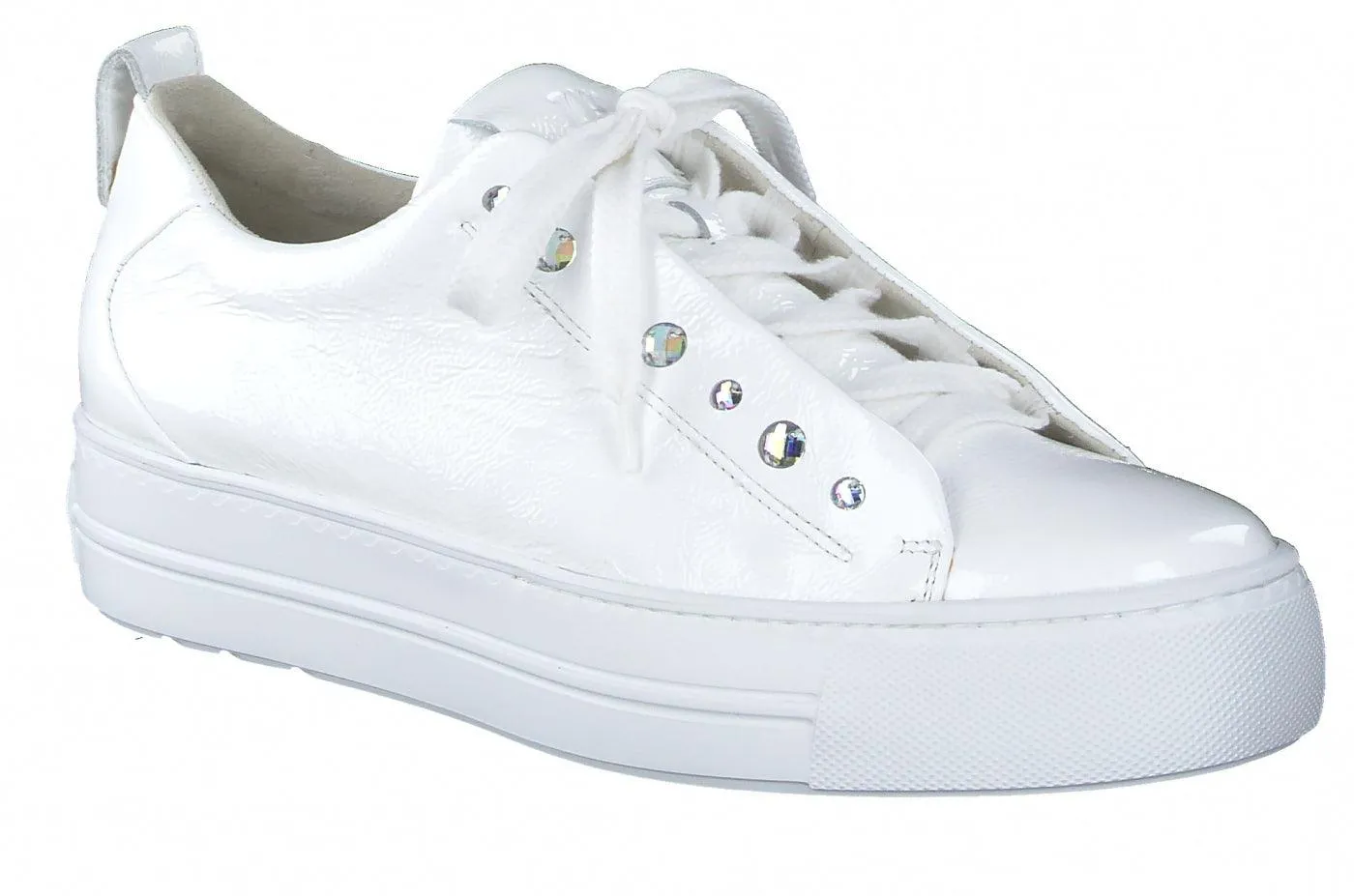 Paul Green white patent leather platform trainer with diamante detail.