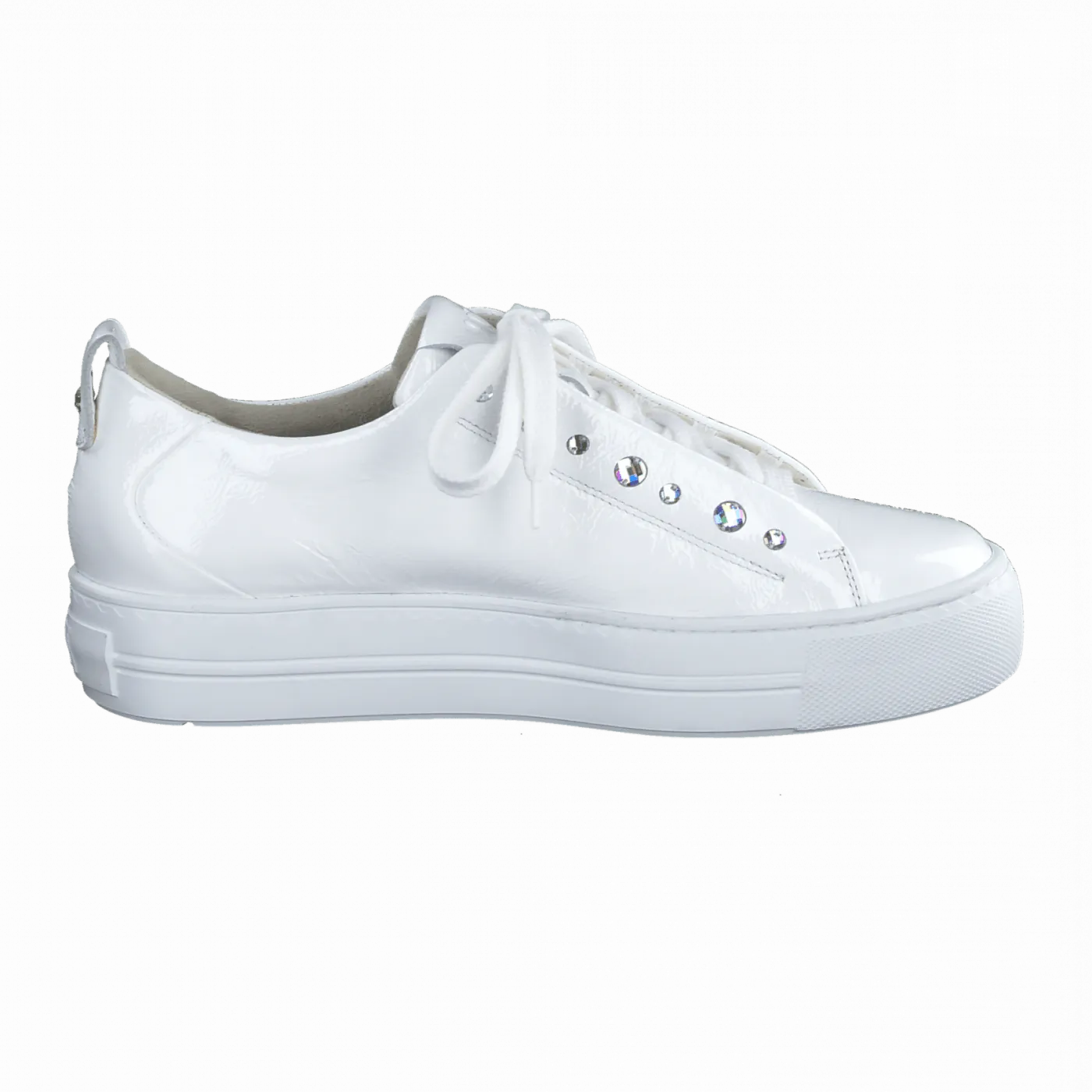 Paul Green white patent leather platform trainer with diamante detail.