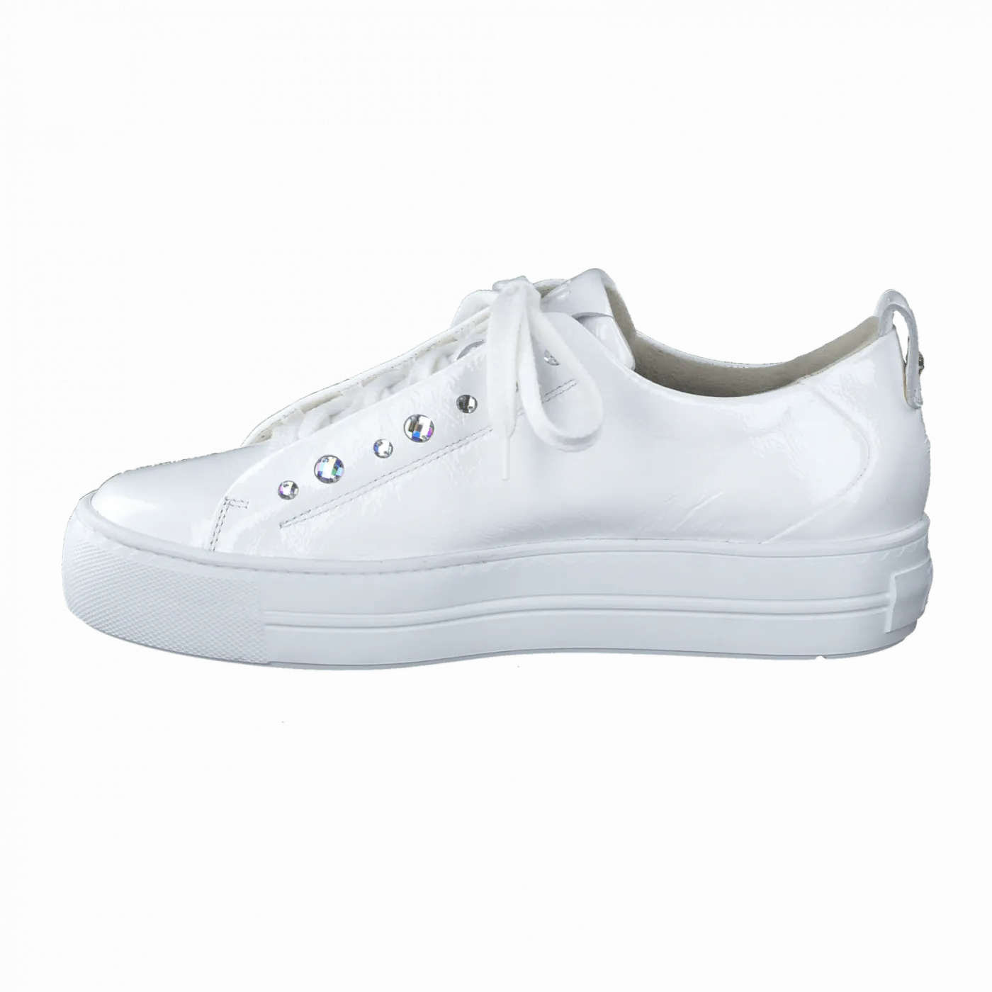 Paul Green white patent leather platform trainer with diamante detail.