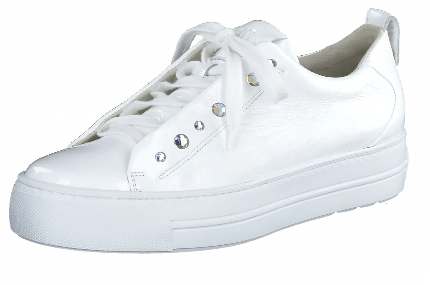 Paul Green white patent leather platform trainer with diamante detail.