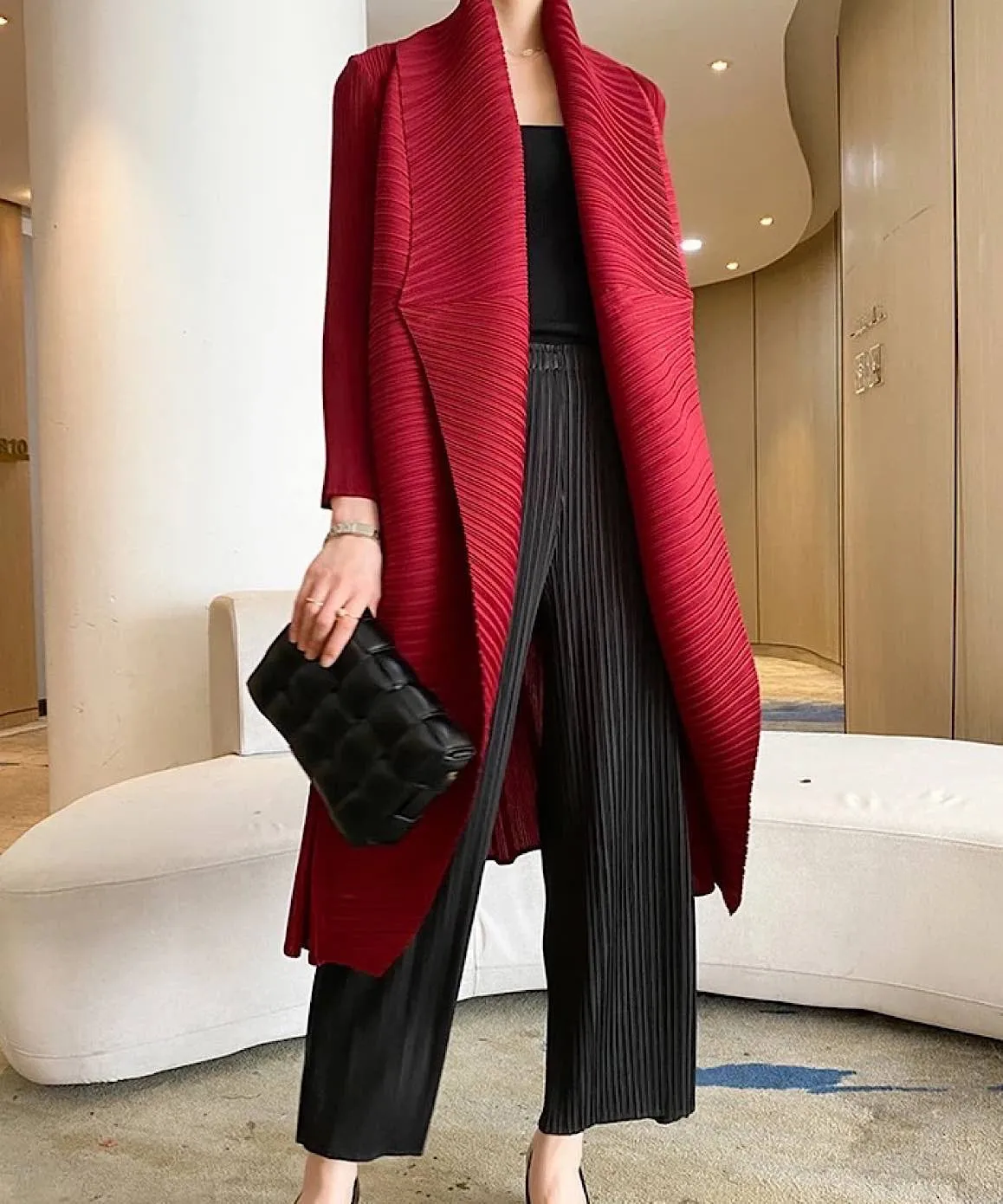 Pleated Burgundy Mid Length Loose Cardigan