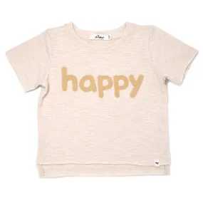 Raw Edge Short Sleeve Cotton Slub Tee with Happy Applique in Sand Heather