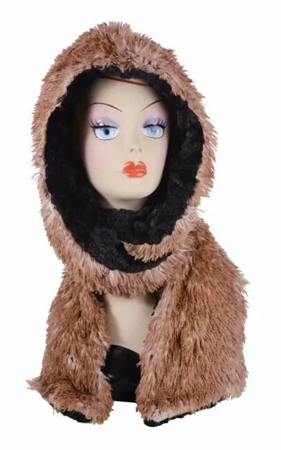 Red Fox Cuddly Black Faux Fur Hoody Scarf