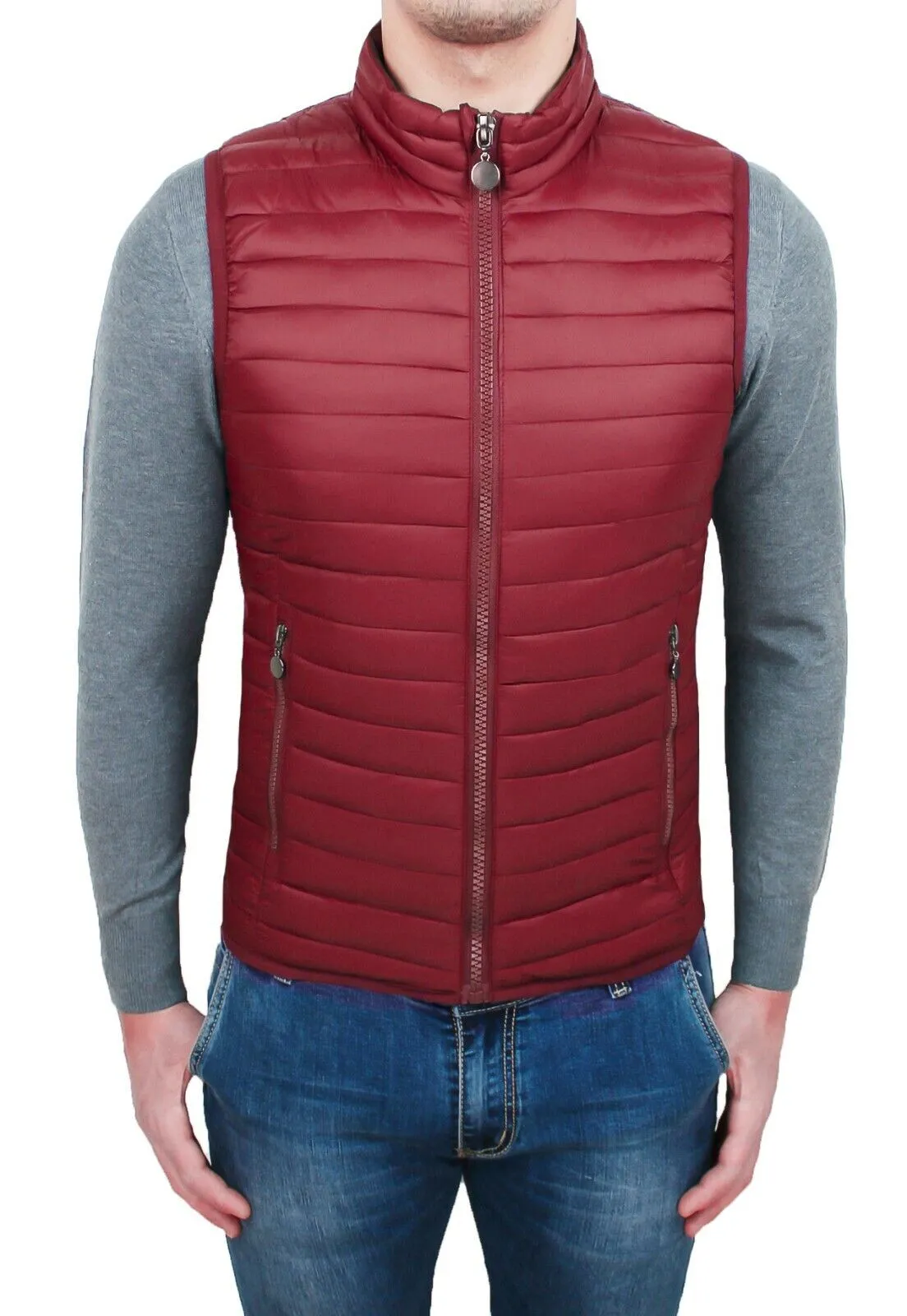 Red slim fit quilted casual men's sleeveless jacket for motorcycle riders.