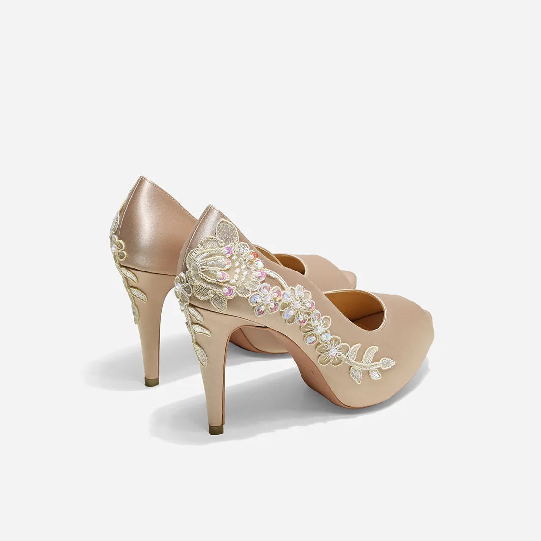 Rose Champagne Wedding Pumps V3 - Beige Lace