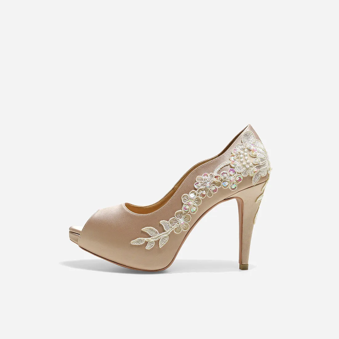 Rose Champagne Wedding Pumps V3 - Beige Lace