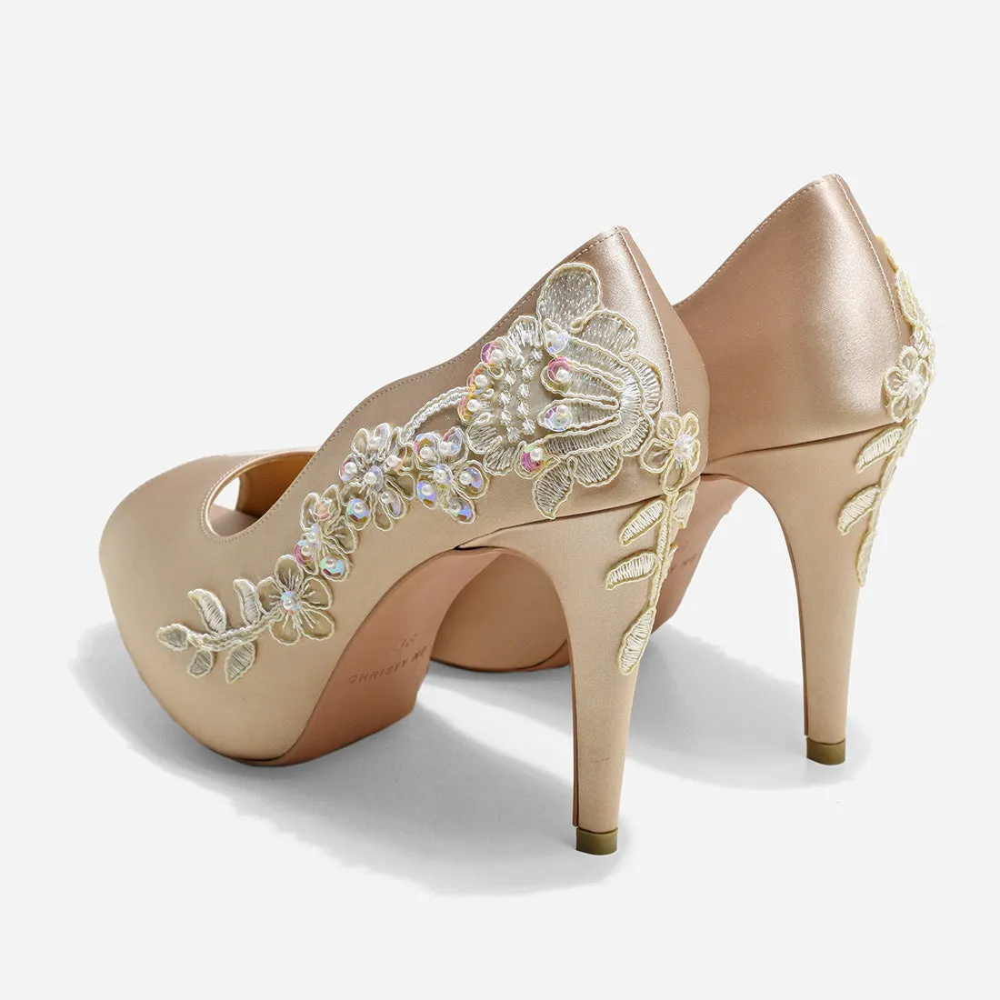 Rose Champagne Wedding Pumps V3 - Beige Lace