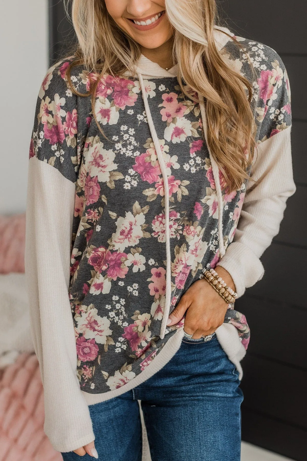 Say You Will Floral Hooded Top- Heather Black & Cream