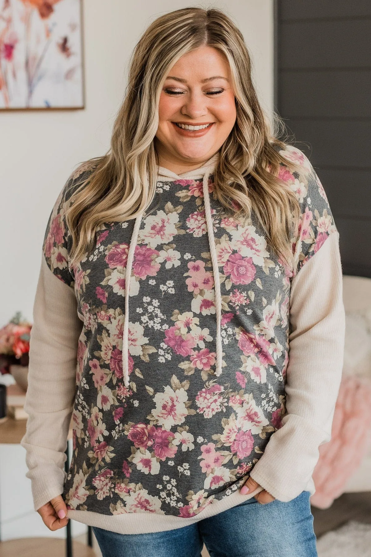 Say You Will Floral Hooded Top- Heather Black & Cream