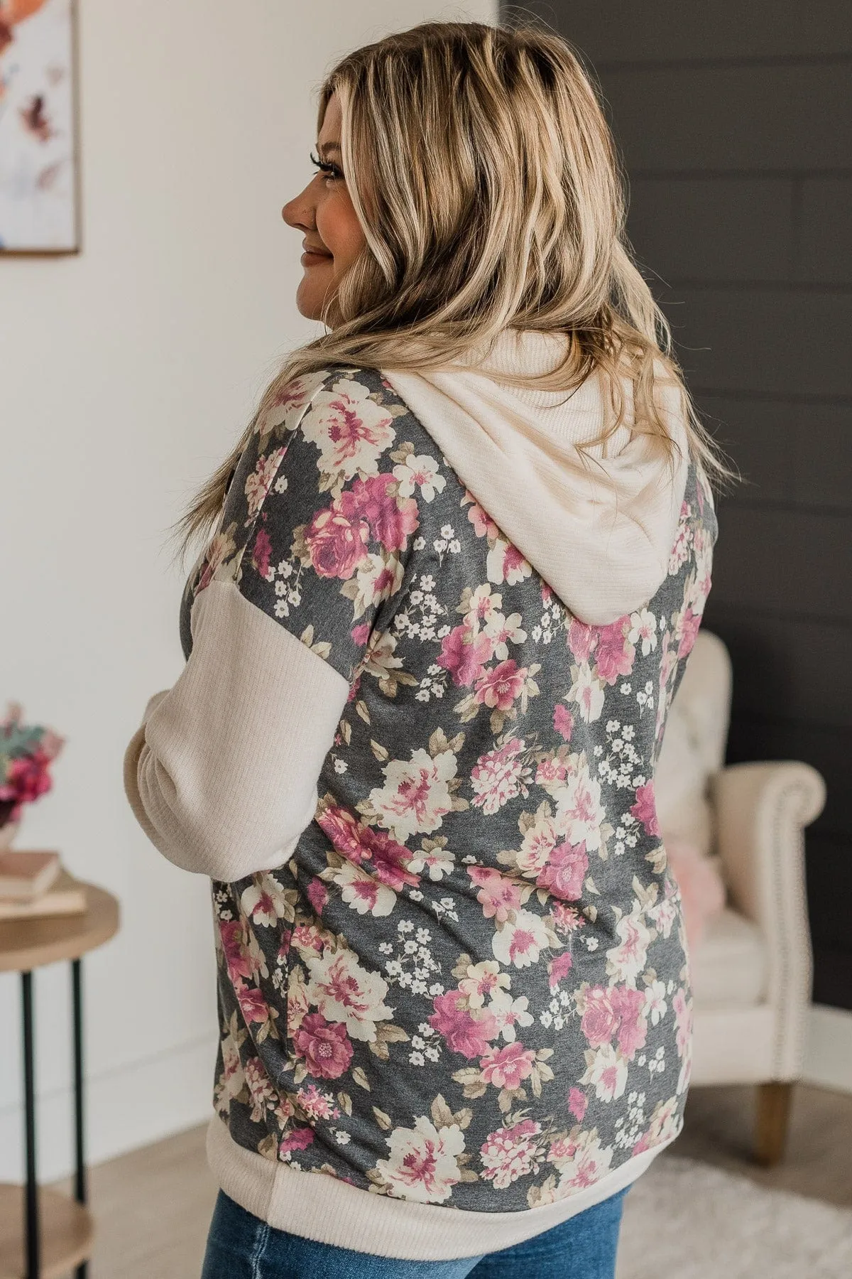 Say You Will Floral Hooded Top- Heather Black & Cream