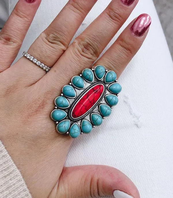 Turquoise and Red Oval Concho Ring: Stretchable Jewelry