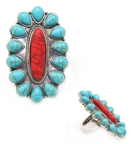 Turquoise and Red Oval Concho Ring: Stretchable Jewelry