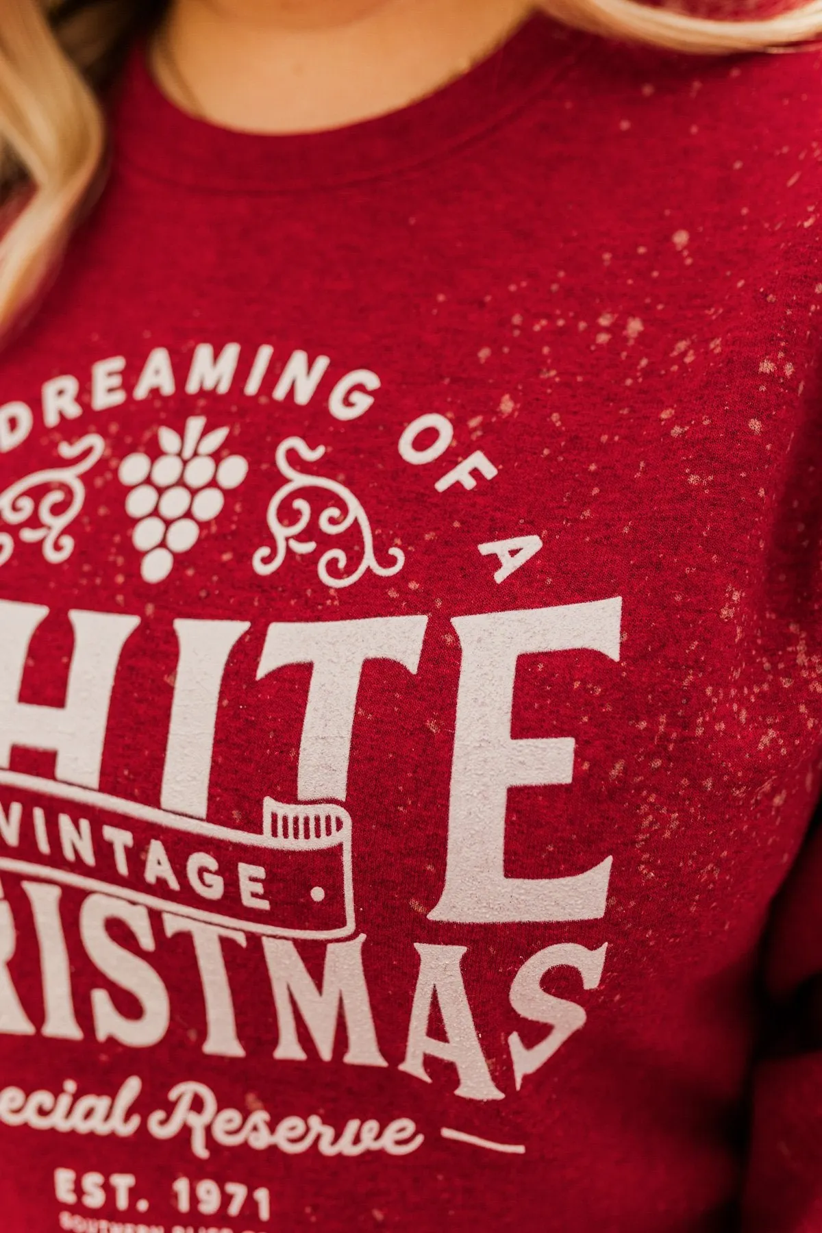 Vintage White Christmas Crewneck Pullover- Deep Red