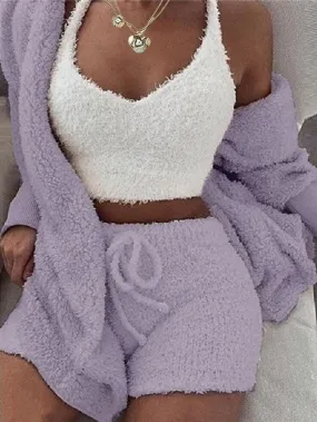 Warm Cozy Pink Purple 3-Piece Fleece Lounge Set Women